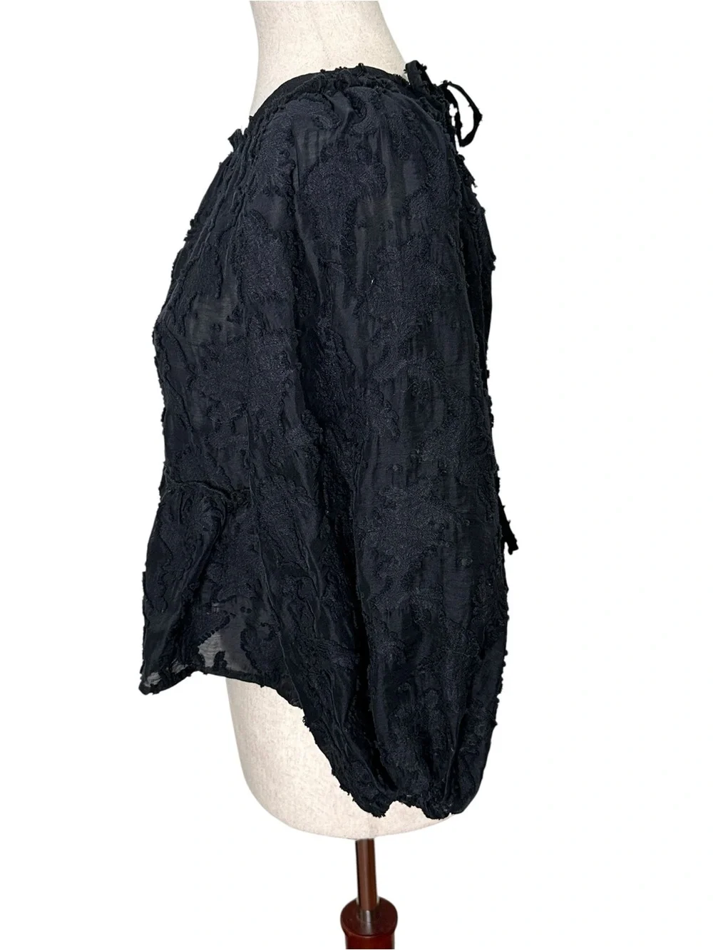 Free People Callie Black Textured Puff-Sleeve Peplum Blouse. Bohemian. Festival